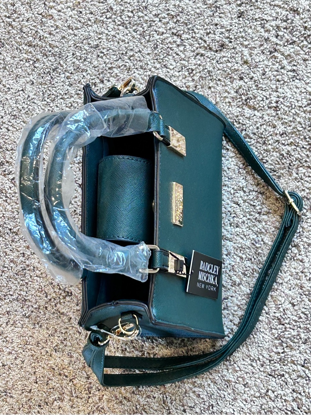 Badgley Mischka Vegan Saffiano Leather Emerald Green Crossbody Handbag 9x8 NEW - Picture 3 of 15